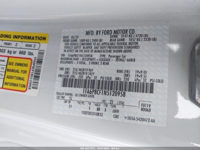 1FA6P8CF1N5120958 Ford Mustang Gt Premium Fastback