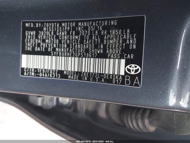 5YFBURHE2GP519617 Toyota 2zr-fe