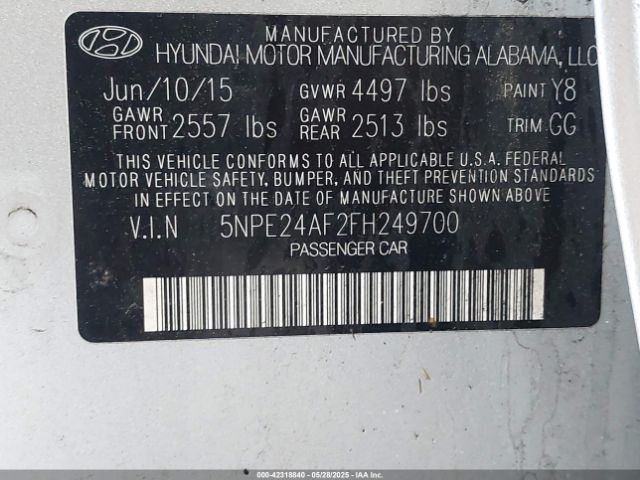 5NPE24AF2FH249700 Hyundai SONATA SE