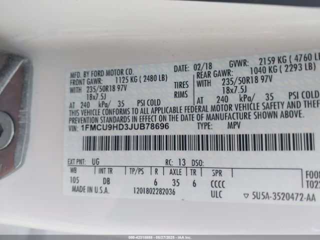 1FMCU9HD3JUB78696 Ford ESCAPE SEL