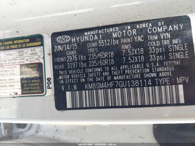 KM8SM4HF7GU138114 Hyundai Santa Fe Se