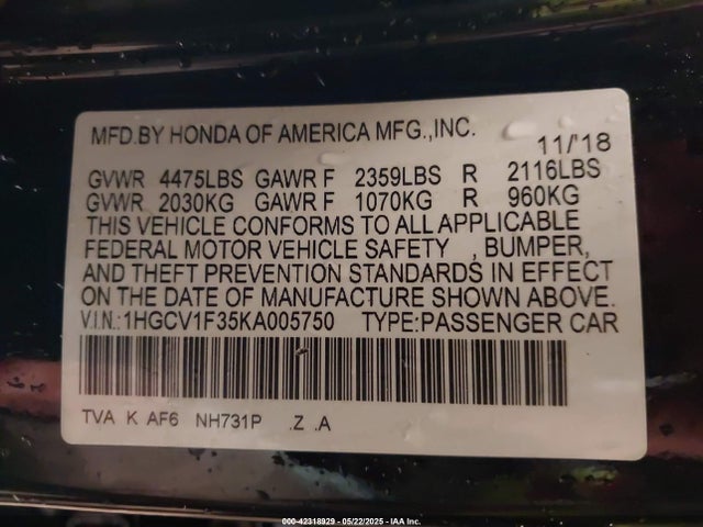 1HGCV1F35KA005750 Honda Accord Sport