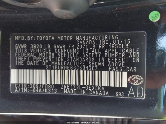 2T1BURHE6GC591307 Toyota Corolla S