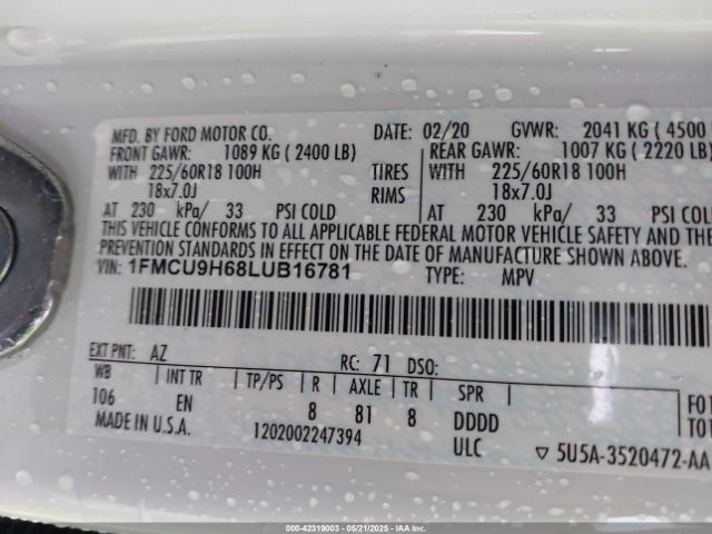 1FMCU9H68LUB16781 Ford ESCAPE SEL