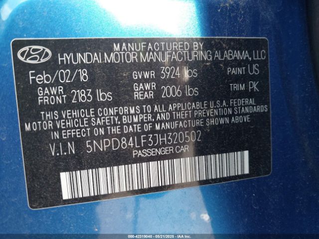 5NPD84LF3JH320502 Hyundai ELANTRA SEL