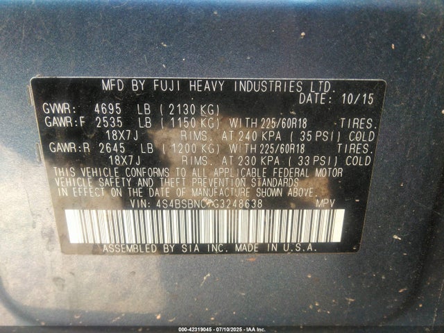 Subaru 2.5l u6 2016 4S4BSBNC7G3248638 Image 9