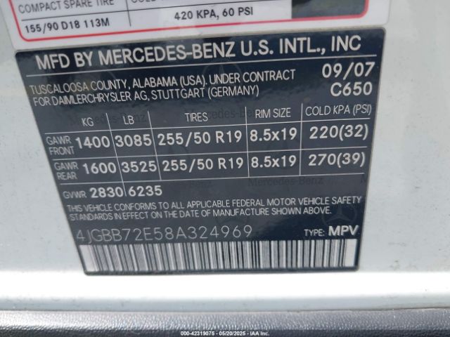 2008 MERCEDES-BENZ ML 550 4JGBB72E58A324969 Photo 8