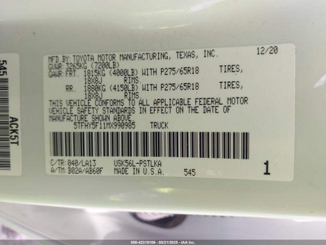 5TFHY5F11MX990985 Toyota Tundra Limited