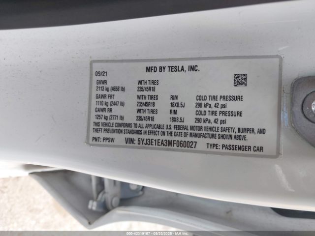 5YJ3E1EA3MF060027 Tesla Model 3 Standard Range Plus Rear-wheel Drive
