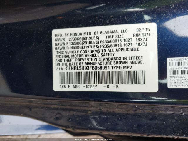 5FNRL5H93FB068091 Honda Odyssey Touring/touring Elite