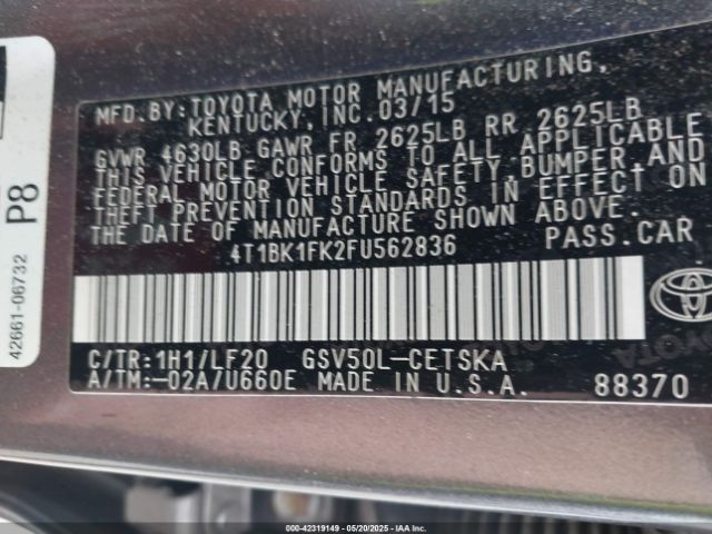 2015 TOYOTA CAMRY 4T1BK1FK2FU562836 Photo 8