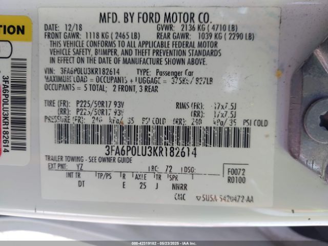 2019 FORD FUSION HYBRID 3FA6P0LU3KR182614 Photo 8