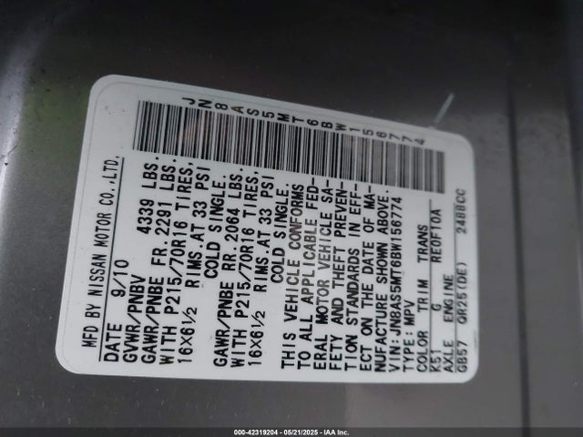 42319204 :رقم المزاد ، JN8AS5MT6BW156774 vin ، 2011 Nissan Rogue S مزاد بيع