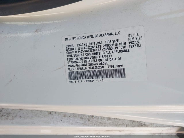5FNRL6H96JB080220 Honda Odyssey Elite