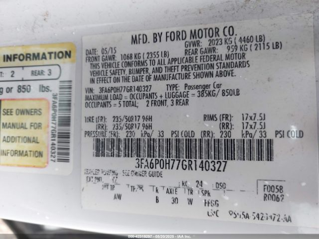 3FA6P0H77GR140327 Ford FUSION SE
