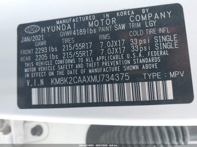 Продажа на аукционе авто 2021 Hyundai Kona Sel, vin: KM8K2CAAXMU734375, номер лота: 42319391