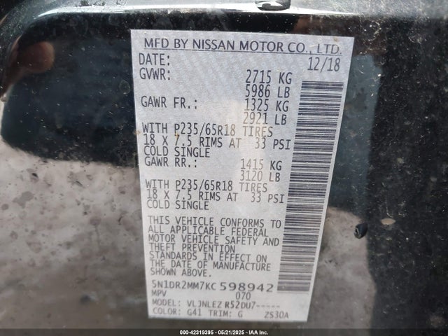 5N1DR2MM7KC598942 Nissan Pathfinder Sv