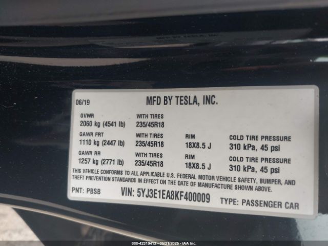 2019 TESLA MODEL 3 5YJ3E1EA8KF400009 Photo 8
