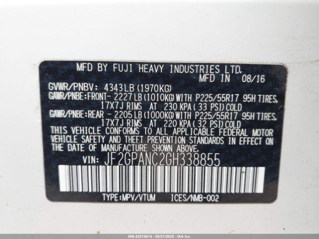 JF2GPANC2GH338855 Subaru Crosstrek 2.0i Limited