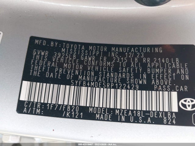 5YFB4MDE5RP122429 Toyota COROLLA LE