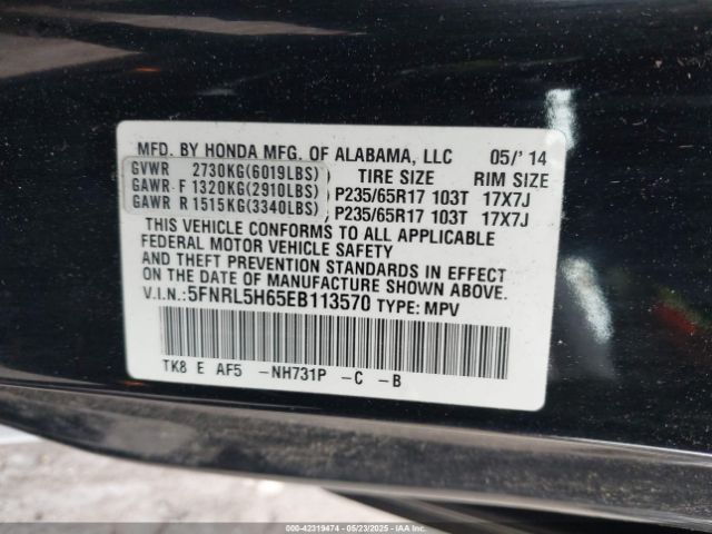 5FNRL5H65EB113570 Honda Odyssey Ex-l