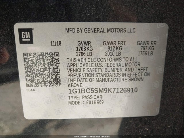 1G1BC5SM9K7126910 Chevrolet le2 -di: direct injection, vvt: variable valve timing, gen, alum