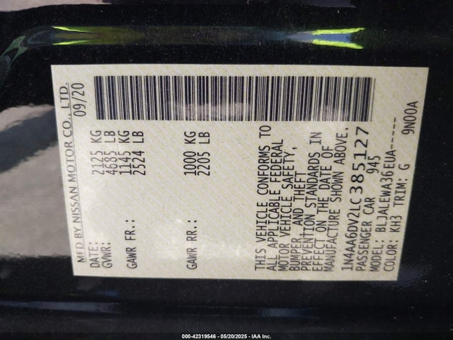 Nissan Maxima Sl Xtronic Cvt 2020 1N4AA6DV2LC385127 Image 9