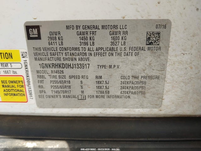 1GNKRHKD0HJ133917 Chevrolet llt - sidi: spark ignited direct injection, alum, 60 degrees