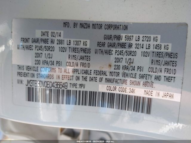 JM3TB3DV0E0436649 Mazda Cx-9 Grand Touring