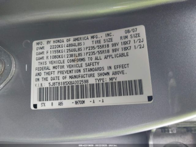 2008 ACURA RDX 5J8TB185X8A002598 Photo 8