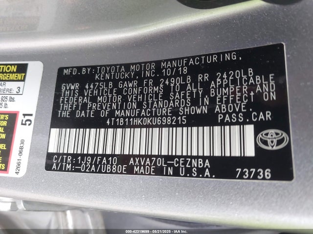 4T1B11HK0KU698215 Toyota CAMRY LE