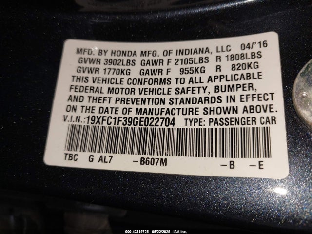 19XFC1F39GE022704 Honda Civic Ex-t