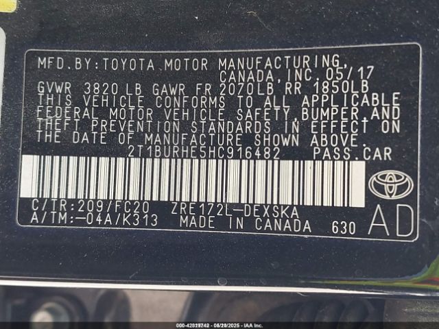 2T1BURHE5HC916482 Toyota COROLLA SE