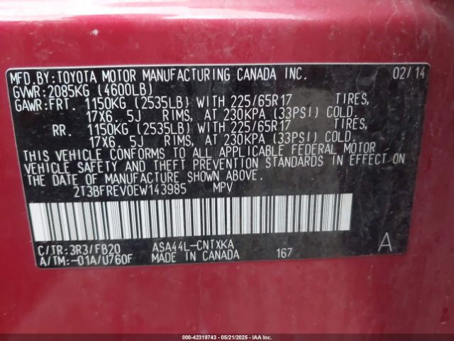 2T3BFREV0EW143985 Toyota RAV4 LE