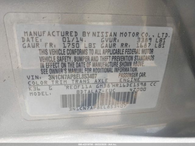 3N1CN7AP8EL853407 Nissan Versa 1.6 S+