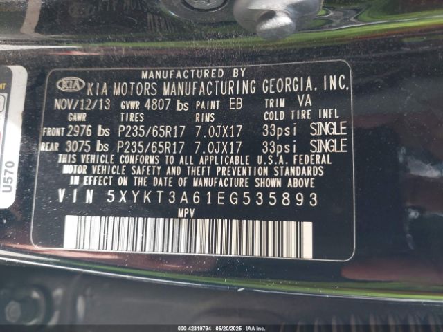 5XYKT3A61EG535893 KIA SORENTO LX