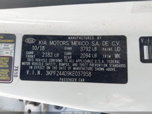 3KPF24AD9KE037958 KIA mpi nu