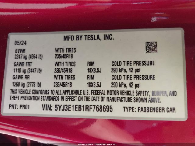 5YJ3E1EB1RF768695 Tesla Model 3 Long Range Dual Motor All-wheel Drive