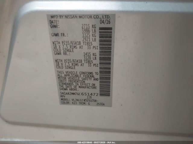 5N1AR2MM7GC651472 Nissan Pathfinder Sv
