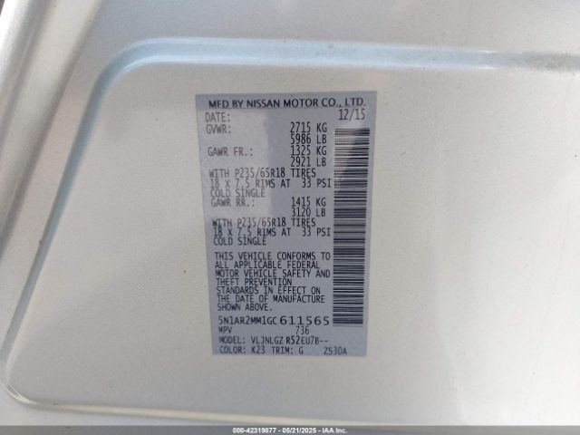 5N1AR2MM1GC611565 Nissan Pathfinder Sl