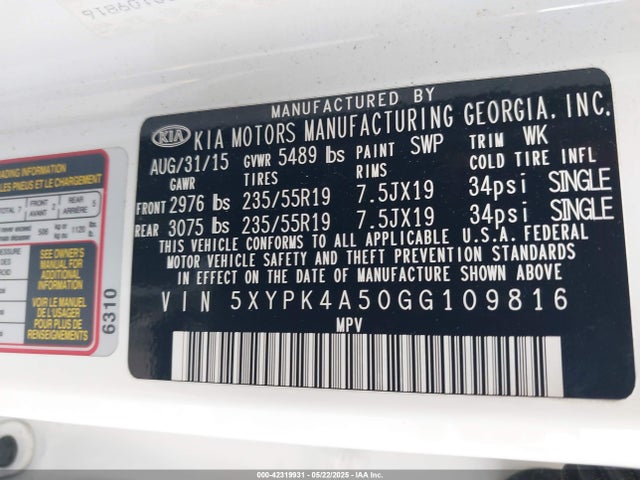 5XYPK4A50GG109816 KIA Sorento 3.3l Sx