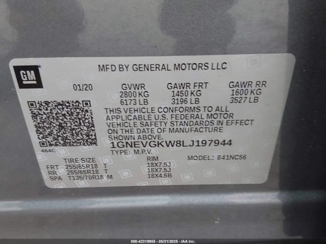 1GNEVGKW8LJ197944 Chevrolet Traverse Awd Lt Cloth