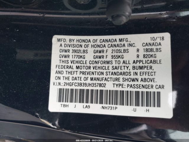 2HGFC3B39JH357802 Honda Civic Ex-t