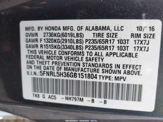 5FNRL5H36GB151804 Honda ODYSSEY SE