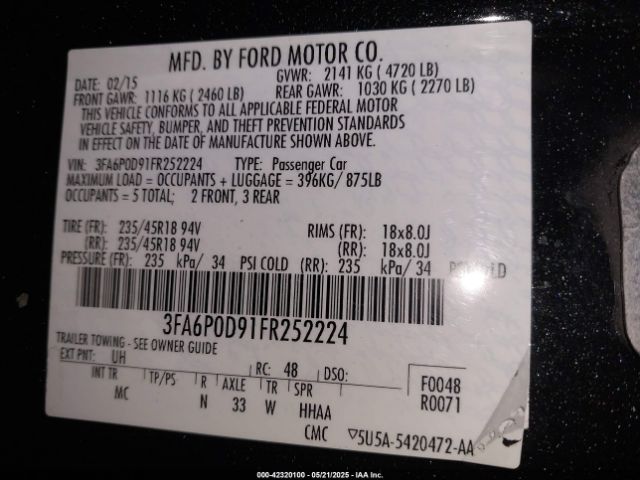 3FA6P0D91FR252224 Ford Fusion Titanium