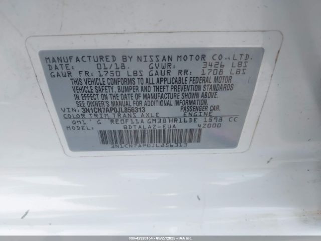 3N1CN7AP0JL856313 Nissan Versa 1.6 S+