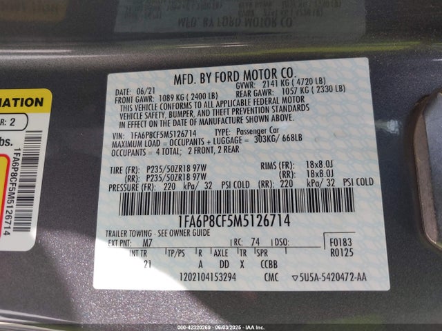 1FA6P8CF5M5126714 Ford tivct