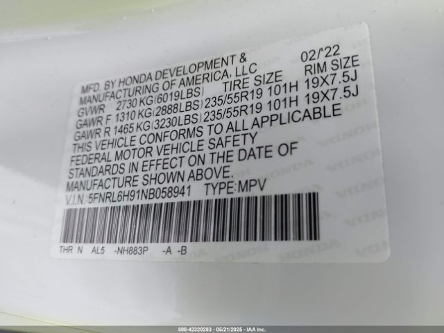 5FNRL6H91NB058941 Honda Odyssey Elite