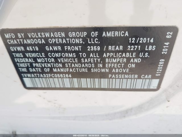 1VWAT7A32FC056264 Volkswagen Passat 1.8t Wolfsburg Edition
