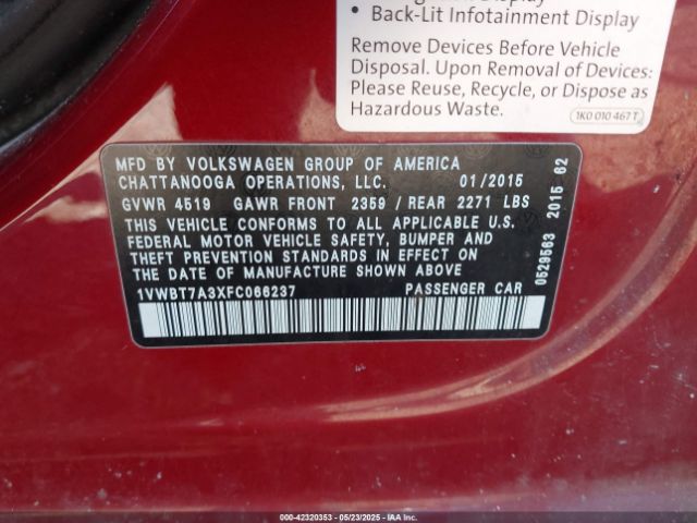 2015 VOLKSWAGEN PASSAT 1VWBT7A3XFC066237 Photo 8